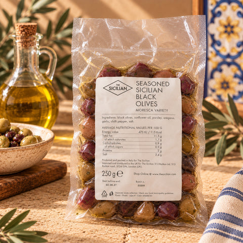 Seasoned Sicilian black olives - 250g